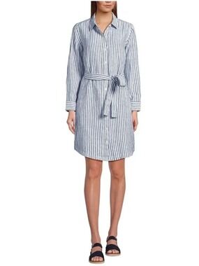 Lands End Blue White Stripe Linen Shirt Dress Medium